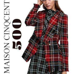 Rare find unique plaid hem frayed double breasted captain blazer size M
